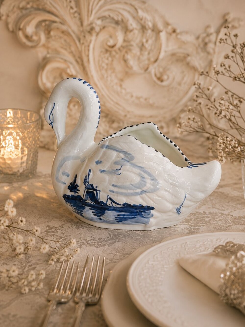 Vintage Signed Delft Hand-Painted Blue & White Swan Planter